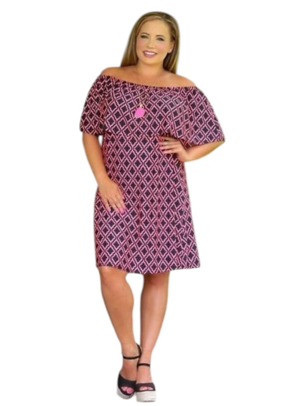 Perfectly Priscilla Pink Black Geometric Off the Shoulder Dress